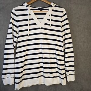 Tommy Hilfiger Sport Women's Size Large  Black White Striped Hooded Top Shirt